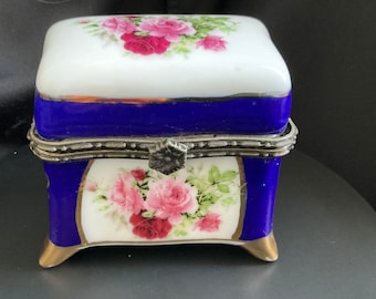 Vintage Trinket Box, Ceramic Jewelry Box, Hinged Lid