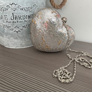 Sweet Heart Shaped Sequined Evening Bag, Silver and Gold Clutch Bag, Special Occasion Bag