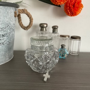 Vintage Pressed Clear Glass Vanity Trinket Box, Dressing Table Dish, Powder Pot