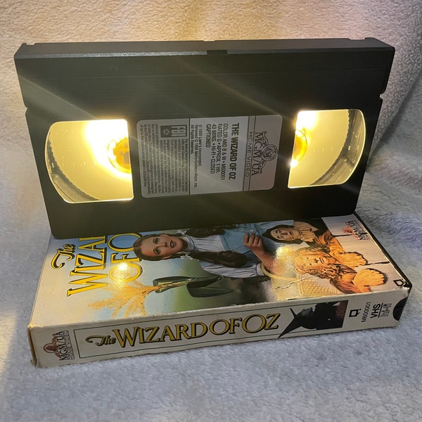 Wizard of Oz Custom VHS led Lamp Upcycled decor Dorothy toto yellow brick road Warner Bros MGM classic movie tin man cowardly lion collector