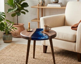 Epoxy Resin River Coffee Table, Live Edge Olive Wood Round Side Table, Blue Resin Inlay, Handmade Unique Living Room Furniture coffee table