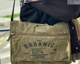 Old Cotton Cargo Bag, Vintage, Handmade, Shabby Canvas Shoulder Messenger Green Bag, Laptop, School, Travel, Casual, Cotton, Fabric, Hand