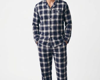 Mens Flannel Pajama Set, Navy Plaid Cotton Pyjamas for Men, Long Sleeve Button Up Sleepwear, Christmas Gift for Him