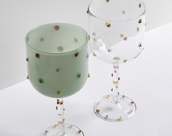 Artisan Hand-Blown Wine Glass – Colorful Polka Dot Glass Wine, Cocktails & Spirits, Unique Handmade Glassware Anniversary or Birthday Gift
