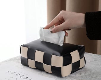 Checkered Vegan Leather Tissue Box Cover – Minimalist Home Decor