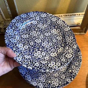 May include: A stack of round ceramic plates featuring a deep blue background with a dense, intricate white floral pattern covering the entire surface. The plates have a slightly scalloped edge and a glossy finish, showcasing a consistent botanical design.
