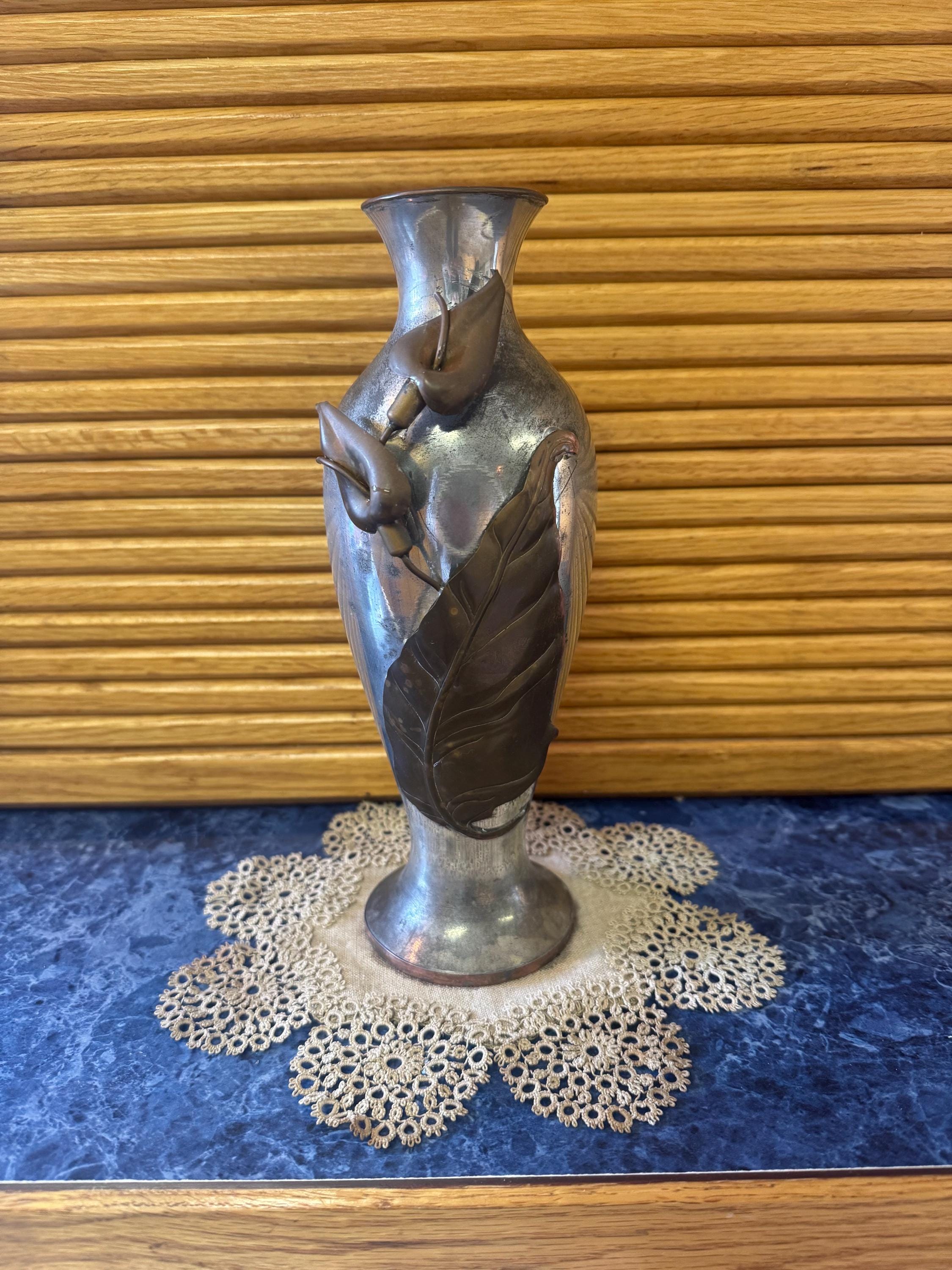 Vintage French Aluminum Art Deco Vase with Brass Floral Relief