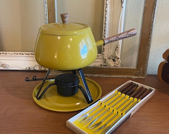 Vintage Mid Century Yellow Mustard Metal Fondue Pot, Warmer Set, Wooden Handles, Japan