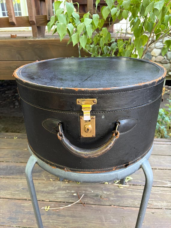 Antique Round Black Leather Hat Box / Train Case
