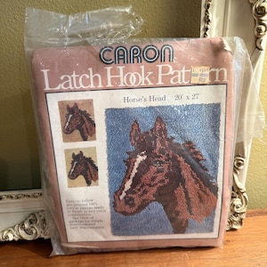 May include: A Caron Latch Hook Pattern kit featuring a horse's head design. The kit includes a pre-printed 100% cotton canvas, measuring 20 x 27 inches, with a detailed illustration of a brown horse against a blue background. The packaging is sealed in clear plastic.