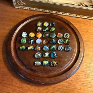 Vintage Handmade Wooden Marble Solitaire Game (with vintage marbles)