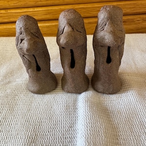 Vintage Hand Formed Pottery Gnomes, Goblins, Trolls in Dark Clay-Set of 3