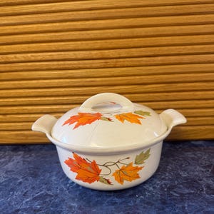 Vintage Descoware Cast Iron Enamel White Fall Maple Leaves 1 Quart