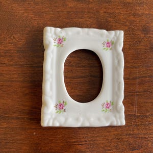 Vintage Miniature Porcelain Picture Frame with Pink Flowers (3 x 2.75 inches)