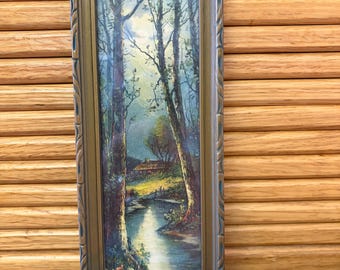 Antique Small Framed Lithograph / River Scene / Woodland Scene