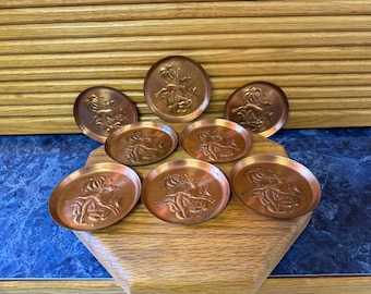 Vintage Embossed Copper Coasters /Stag and Palm Tree