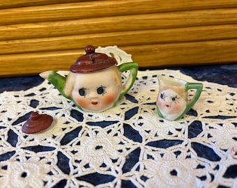 Vintage Dolly Face Teapot, Creamer, and Sugar Bowl Lid-only. Googly Eyes Miniature.