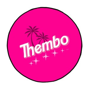 May include: A pink circle with a black outline features a white stylized text that reads "ThemBo" with two palm trees and white stars.