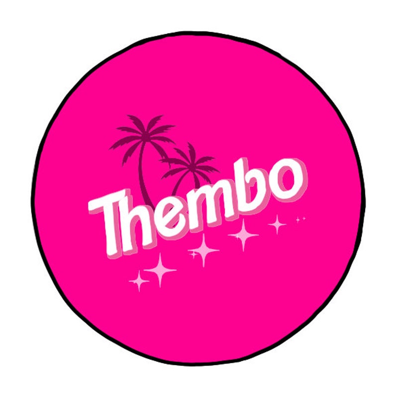May include: A pink circle with a black outline features a white stylized text that reads "ThemBo" with two palm trees and white stars.