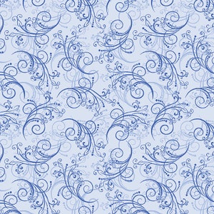 Blue Scroll Fabric - Cotton Quilting Fabric by the Yard: All About Daisies - Dancing Scroll Light Blue - Benartex