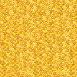 May include: A seamless pattern of a honeycomb with a watercolor effect. The design features a repeating pattern of hexagonal cells in shades of yellow and amber, with drips of honey cascading down.