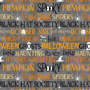 Word Fabric - Halloween Fabric - Glow in the Dark Fabric - Cotton Quilting Fabric: Olde Salem's Black Hat Society - Words - Henry Glass