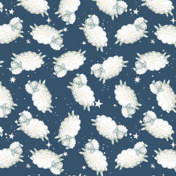 Baby Fabric - Gender Neutral Fabric - Cotton Quilting Fabric: Reach for the Stars - Sheep Toss Navy - Wilmington Prints