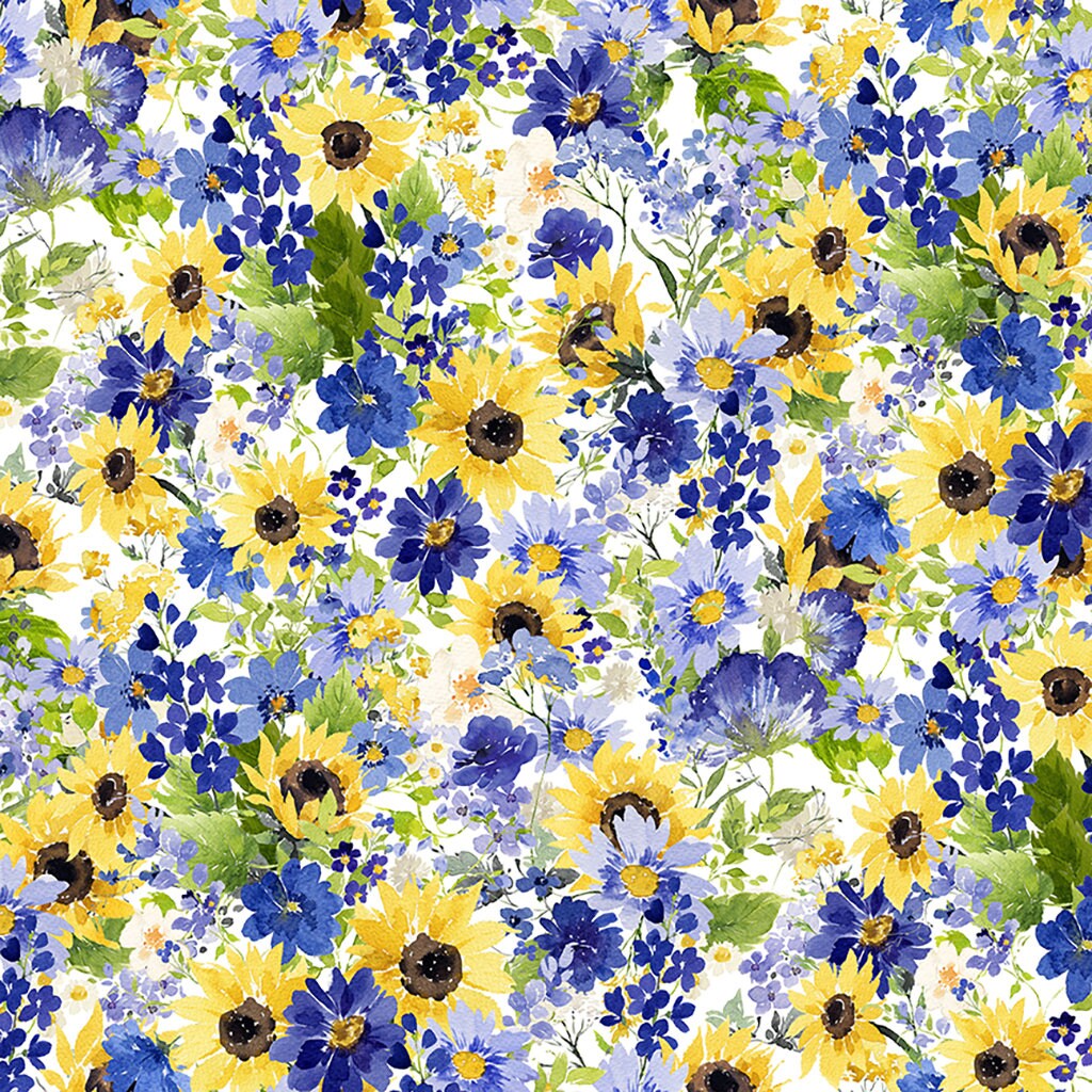 All-Over Blue Sunflower Pattern Cotton Fabric (62 Wide) #774