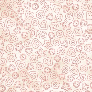 May include: A seamless pattern featuring a variety of pink stitched shapes on a cream background. The shapes include hearts, stars, circles, and flowers.