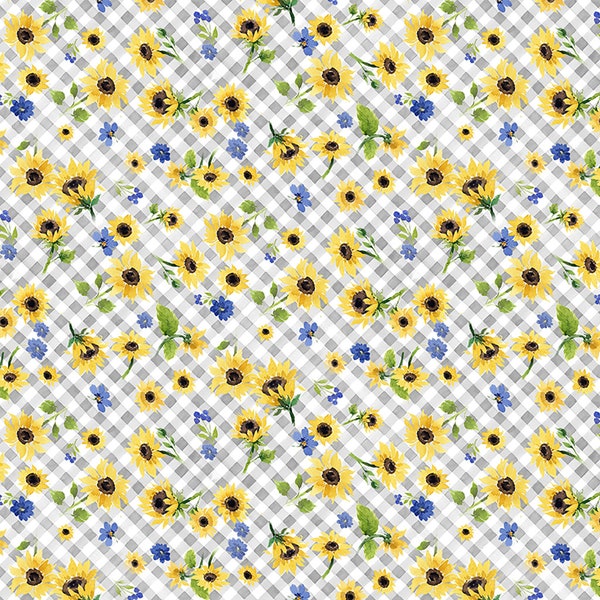 Gingham Fabric by the Yard - Checkered Fabric - Cotton Quilting Fabric: Sunflower Bouquets Fabric - Floral Check Gray -Clothworks