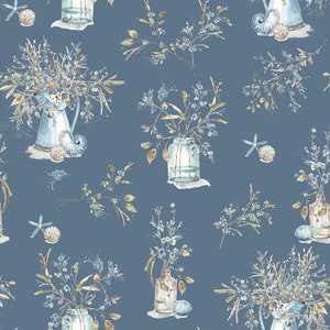 May include: A seamless pattern featuring watercolor illustrations of blue and white floral arrangements in various containers, including pitchers and jars, on a blue background. The pattern also includes seashells and starfish.
