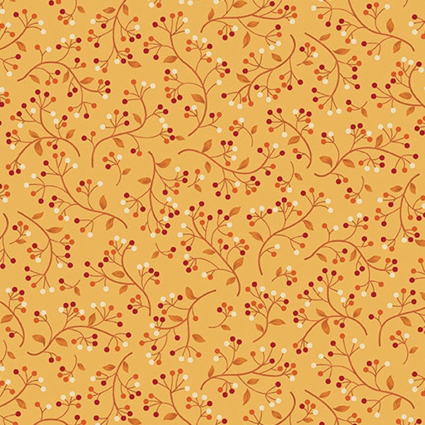 Berry Fabric - Orange Berry Fabric - Cotton Quilting Fabric: Wander Lane II - Winter Berry Pumpkin - Benartex