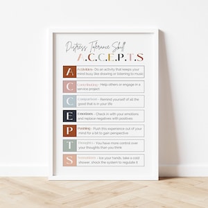Coping Skill DBT ACCEPTS Poster, Mindfulness Activity, Distress Tolerance, Dialectical Behavior Therapy Tool, Counselor Decor, Therapy Decor