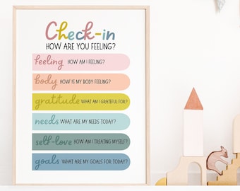 Feelings Check-in Poster, Therapy Office Decor, Social Emotional Learning, School Counselor Decor, Social Psychology, SEL, Growth Mindset