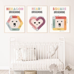 May include: Three colorful posters with illustrations of a hexagon, heart, and square. Each shape has a smiling face and arrows indicating the direction of breath for breathing exercises. The posters have the text "Hexagon Breathing", "Heart Breathing", and "Square Breathing".