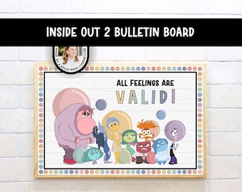 May include: A rectangular bulletin board featuring the text ALL FEELINGS ARE VALID! and colorful illustrations of characters from Inside Out 2. The border is decorated with a pattern of small, multi-colored circles on a white background.