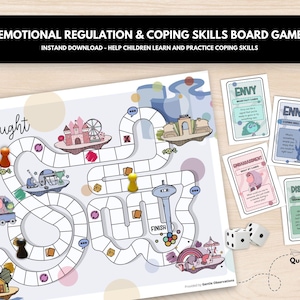 May include: A board game with the title "EMOTIONAL REGULATION & COPING SKILLS BOARD GAME" and the text "INSTAND DOWNLOAD - HELP CHILDREN LEARN AND PRACTICE COPING SKILLS". The game board features a path with illustrations and game pieces. Includes dice and cards.