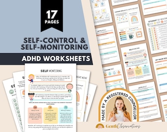 May include: A collection of 17 pages of self-control and self-monitoring ADHD worksheets featuring colorful illustrations, text-based exercises, and reflection prompts. A circular badge indicates the content is made by a registered counselor.