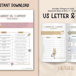 May include: A printable worksheet titled "I Worry vs. I Wonder" for children aged 7-12. The pages include examples, practice exercises, and a feelings reflection section. The document is available in US Letter and A4 sizes.