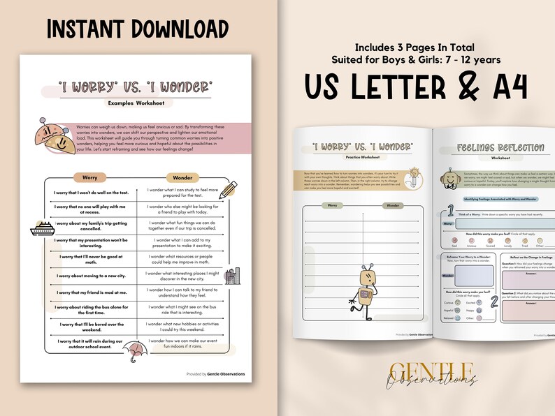 May include: A printable worksheet titled "I Worry vs. I Wonder" for children aged 7-12. The pages include examples, practice exercises, and a feelings reflection section. The document is available in US Letter and A4 sizes.
