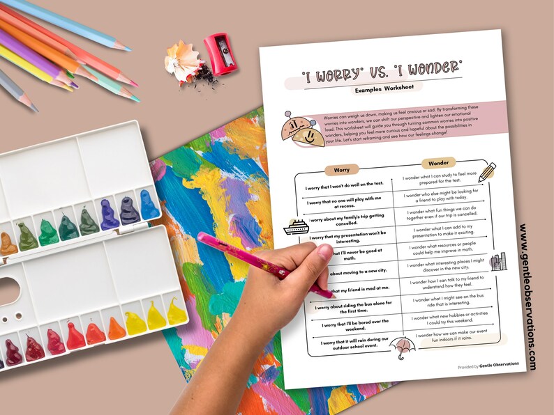 May include: A worksheet titled "I Worry vs. I Wonder" with examples, a watercolor palette, colored pencils, and a pencil sharpener. A hand holds a pink pencil, pointing to the worksheet. The worksheet is for self-reflection.
