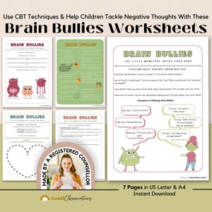 Brain Bullies CBT Worksheets For Kids, Automatic Negative Thoughts, Challenging Cognitive Distortions School Counseling Therapy Worksheets