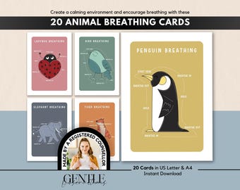 May include: A set of 20 animal breathing cards featuring illustrations of a ladybug, bird, penguin, elephant, and tiger. Each card includes text instructions for breathing exercises, such as breathe in, hold, and breathe out, printed on colored backgrounds.