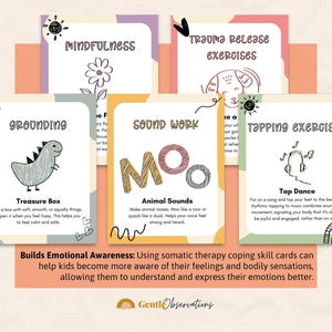A fan-shaped display of Somatic Therapy Coping Skill Cards on a table, inviting children to explore activities for expanding their window of tolerance.