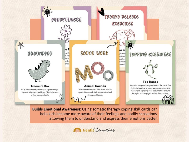 A fan-shaped display of Somatic Therapy Coping Skill Cards on a table, inviting children to explore activities for expanding their window of tolerance.
