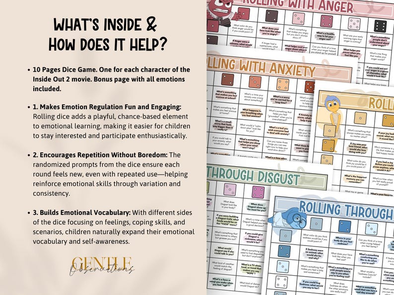 May include: A colorful educational game based on the Inside Out 2 movie. The game includes 10 pages with dice prompts for each character, designed to help children learn about emotions, build vocabulary, and encourage emotional regulation. The game is fun and engaging.