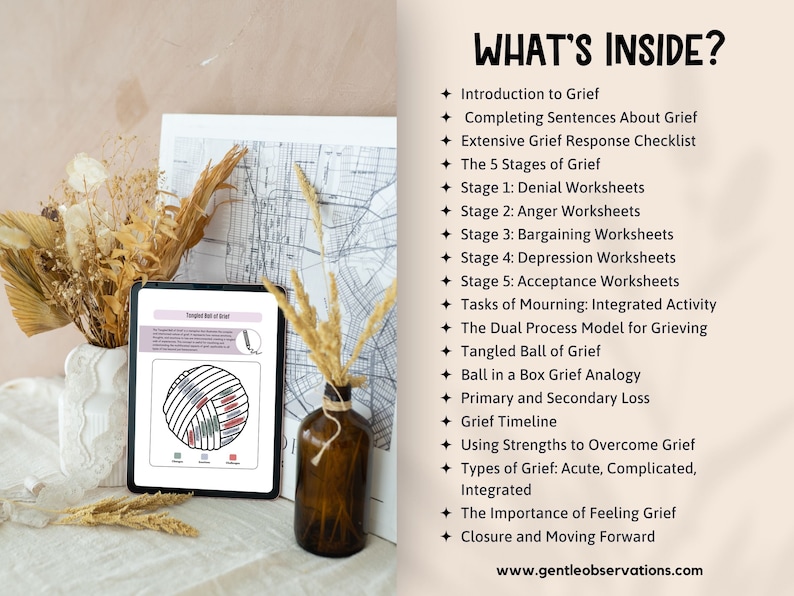 May include: A digital tablet displaying a worksheet about grief. The worksheet uses a visual analogy of a tangled ball of yarn to represent the complexities of grief. The worksheet is titled "Tangled Ball of Grief".