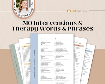 Op de afbeelding: Een verzameling geprinte therapie-bronbladen getiteld 310 Interventions & Therapy Words & Phrases. De documenten bevatten georganiseerde lijsten met klinische terminologie, alfabetisch gerangschikt, met secties voor specifieke symptomen en interventies.