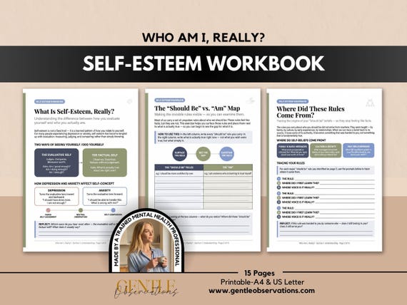 Who Am I, Really? Self-Esteem Workbook | Inner Critic, Values, Identity | Anxiety, Depression | Therapist Tools | Printable PDF