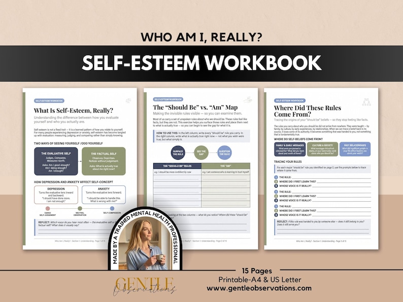 Who Am I, Really? Self-Esteem Workbook | Inner Critic, Values, Identity | Anxiety, Depression | Therapist Tools | Printable PDF image 1